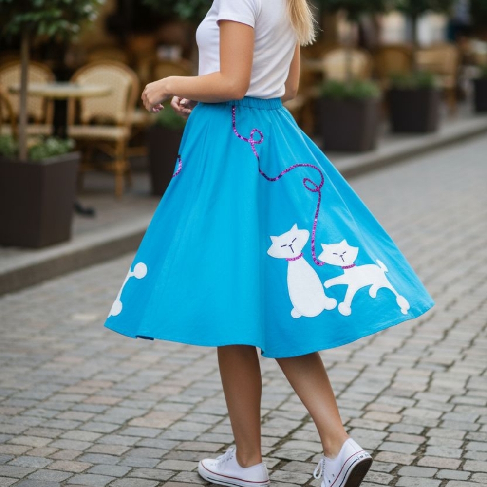 Vintage 50's Rockabilly Unbranded Handmade  Pinup Retro Kitty Cat Circle Skirt S